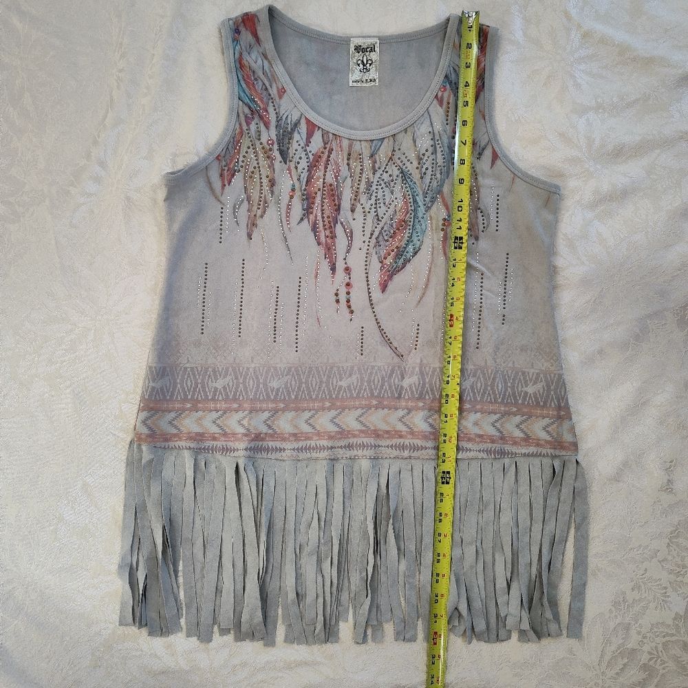 Vocal Western Fringe Rhinestone Feather Sleeveless Soft Flowy Top Womens Large - Picture 7 of 7
